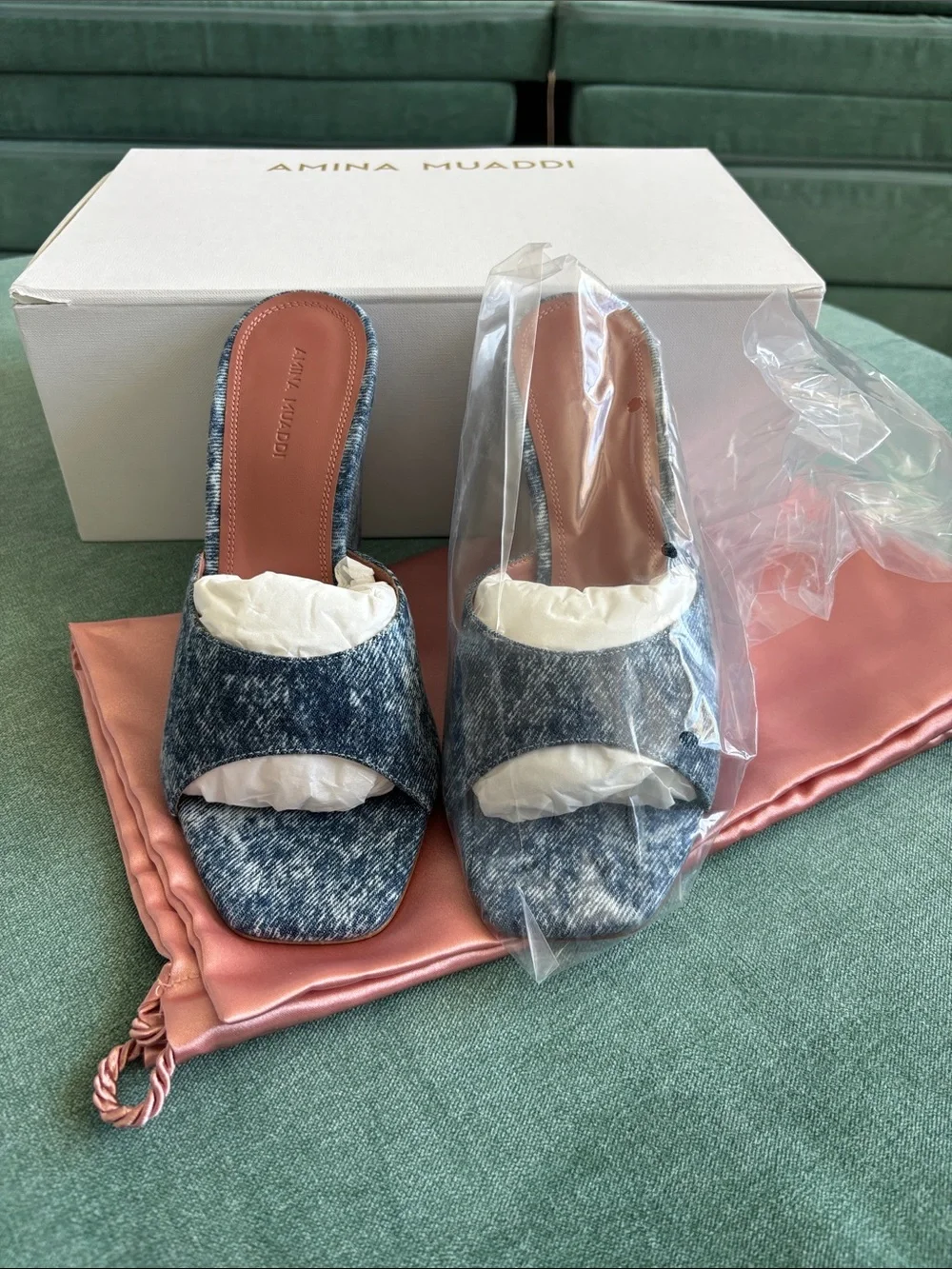 Amina Muaddi Lupita Wedge 95 mm Heel- Denim Acid Open-Toe Wedge - Size EU 38.5
